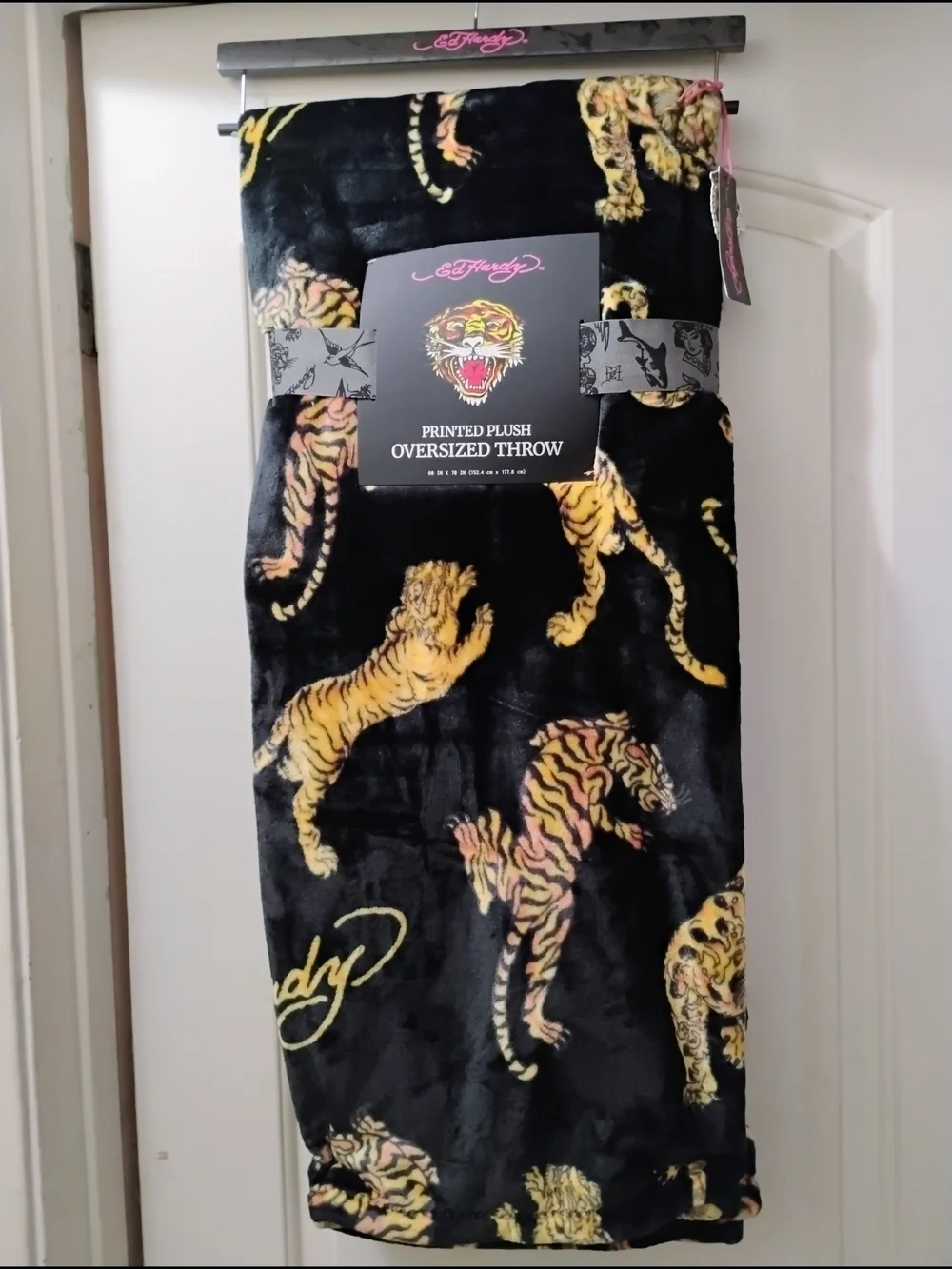Ed Hardy Black Plush Throw with Yellow and Orange Tiger Print 60/70